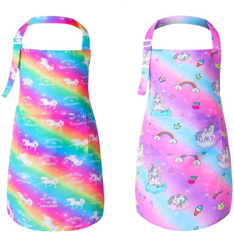 PASHOP 2 Pack Kids Apron Rainbow Unicorn Toddler Apron With Pockets for Kids Girls Boys Cooking Baking Painting - Image 1